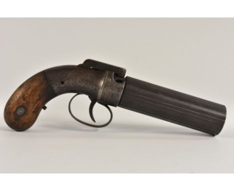 A 19th century percussion six-shot pepper box pistol, 11cm barrel signed Allen &amp; Thurber, Worcester, the lockplate engrav