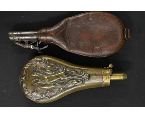 A 19th century leather bag shaped shot flask, 22cm high;  another, copper, embossed with dead game, 18cm (2)