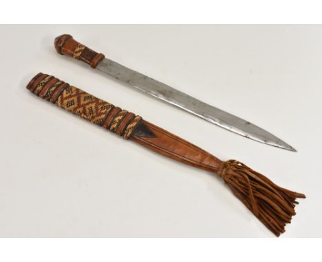 Tribal Art - a Mandinka knife, 33cm pointed blade, leatherwork scabbard and grip, 53cm long overall, West Africa 