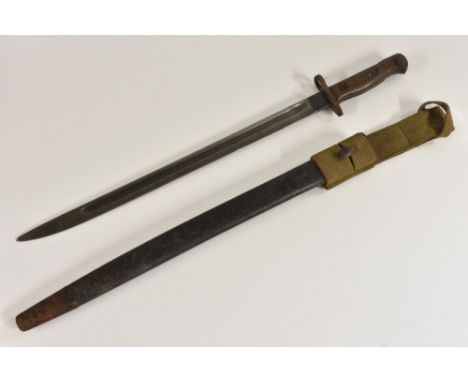 A 1907 pattern bayonet, 42.5cm straight fullered blade stamped Sandersin, two-piece wooden grip, leather scabbard, 59cm overa