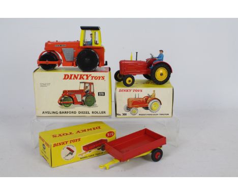 Dinky - 3 x boxed models, # 279 Aveling Barford Diesel Roller, # 300 Massey Ferguson Tractor with yellow plastic front wheels