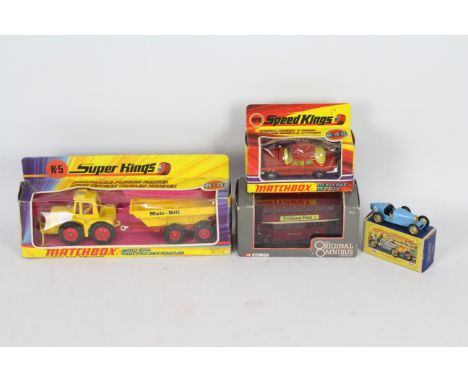 Matchbox - EFE - 4 x boxed models, Mercedes Benz 350 SLC # K-48, Muir-Hill Tractor and Trailer - K-5, Supercharged Bugatti Ty