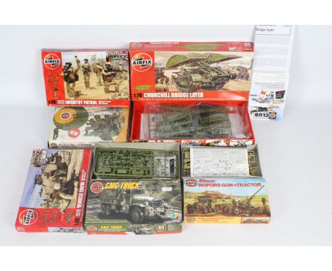 Airfix - Five boxed Airfix military vehicle and personnel plastic model kits with a box of Airfix 1:32 Modern German Infantry
