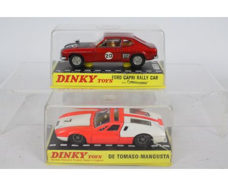 Dinky - 2 x boxed models, # 213 Ford Capri Rally car in red and # 187 De Tomaso Mangusta in orange and white. The cars are bo