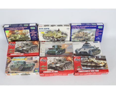Airfix, ICM, UM, Mirage Hobby, Fujimi - Nine boxed plastic military vehicle model kits in 1:76 and 1:72 scales. Lot includes 