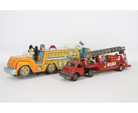 Modern Toys - 2 x tinplate Fire Engines, a battery powered Disney model with Donald and Micky figures and friction powered mo