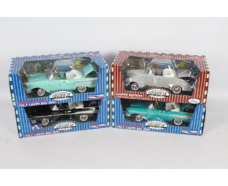 Gearbox Collectibles - 4 x boxed diecast pedal car money bank models, three 1957 Chevrolet models in different colours and a 