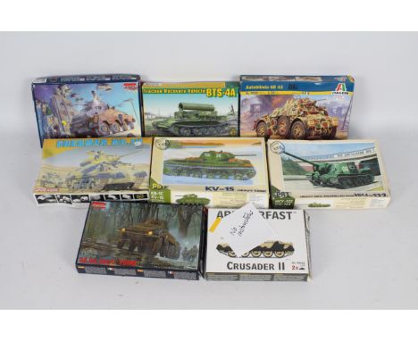 PST, Dragon, Roden, Armourfast, tItaleri - Eight 1:72 scale plastic model military vehicle kits. Lot includes Italeri #7052 A
