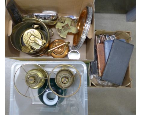 A collection of metalware, flatware, two oil lamp bases with chimneys, (one shade only, a/f) **PLEASE NOTE THIS LOT IS NOT EL