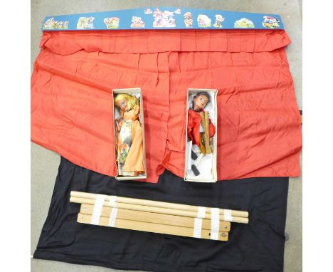 Two 1950's/1960's Pelham Puppets, Prince Charming and Cinderella with puppet theatre