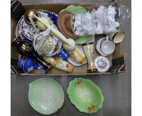 A box of mixed china; a pair of Belgian Bequet vases, a Franz vase, Beswick and Carlton Ware leaf bowls, a Royal Albert Old C