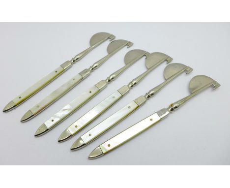 Six knives/tools with mother of pearl handles 