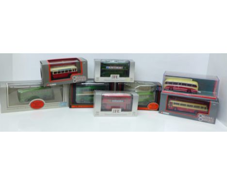 Die-cast model vehicles, eight double decker buses and coaches, including EFE/Gilbour Greenline, Bristol VRT/2, Corgi Bristol