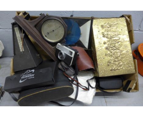 A pair of Mark Scheffel 10x50 binoculars, cased, four cameras, used 35mm film, a Smiths mantel clock, a Thompson Rising/Falli