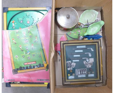 A pin football game, china including Carlton Ware, wooden lidded bowl, etc. **PLEASE NOTE THIS LOT IS NOT ELIGIBLE FOR POSTIN