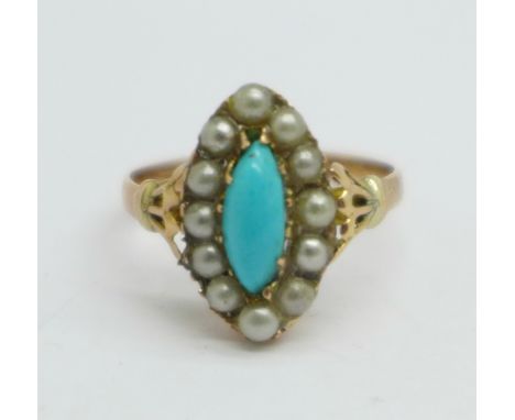 An Edwardian 9ct gold, turquoise and pearl marquise shaped cluster ring, Birmingham 1903, 1.9g, M 