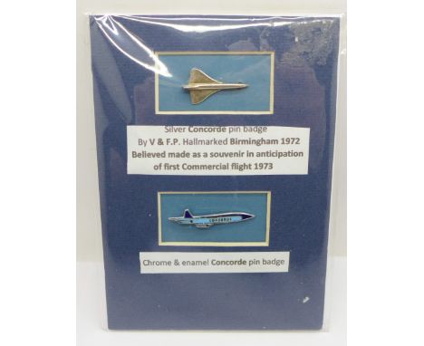 A silver Concorde pin badge and a similar enamel badge, mounted on card 