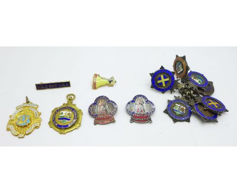 Six silver fob medals, other fobs and enamel ballroom dancing badges, etc. 