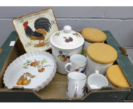 Three Portmeirion storage jars, Royal Worcester Evesham cups, flan dish, oven dishes, etc. **PLEASE NOTE THIS LOT IS NOT ELIG