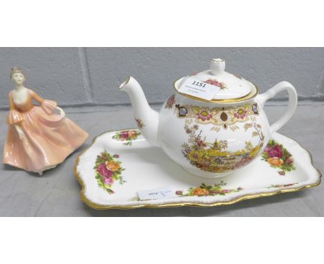 A Royal Albert Old Country Roses tray, a Coalport figure and a teapot **PLEASE NOTE THIS LOT IS NOT ELIGIBLE FOR POSTING AND 