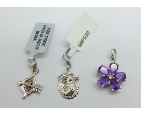 Three 925 silver charms, amethyst flower, dragon and cupid bow and arrow 
