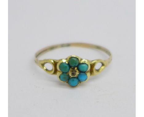 A Victorian turquoise and rose diamond cluster ring, (tests as 9ct gold), 1.1g, Q 