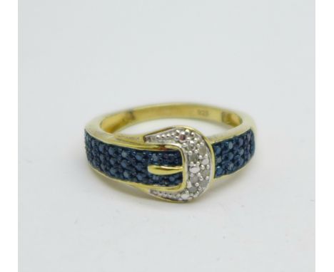 A silver gilt buckle ring, set with diamonds, Q 