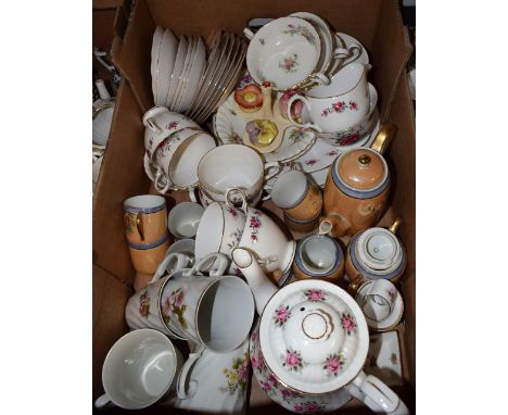 A Staffordshire Queen Anne floral printed tea set for six, milk and sugar, sandwich plate; a set of four Mintons Marlow patte