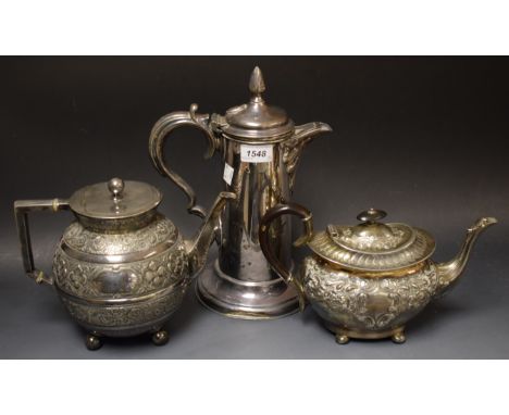 A Victorian EPBM Anglo-Indian globular teapot, angular handle, embossed with bands of stylised flowers and scrolls, knop fini