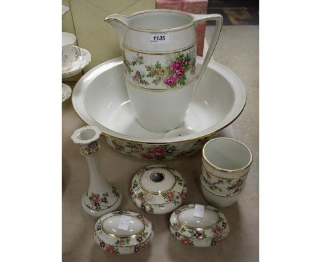 A late Victorian wash bowl, jug, vase, candlestick soap dish; etc, Grimswade, Winton, Delphic