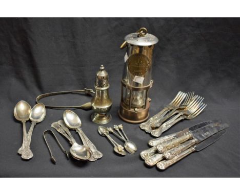 Metal Ware - an Eccles Type 6 miners lamp; Kings pattern EPNS flatware; white metal tongs; etc.; quantity