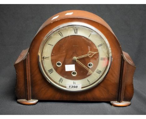 An Art Deco style mahogany mantel clock, silvered chapter ring, Roman numerals