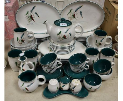 A Denby pottery Green wheat pattern dinner and tea set, inc teapot, dinner, side plates, bowls, cups, saucers, cruet set etc 