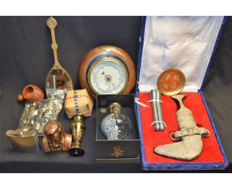 Boxes and Objects - a ceremonial Jambaya, cased; a mid 20th century aneroid barometer, presented to Flt Lt & Mrs Burton, 1944