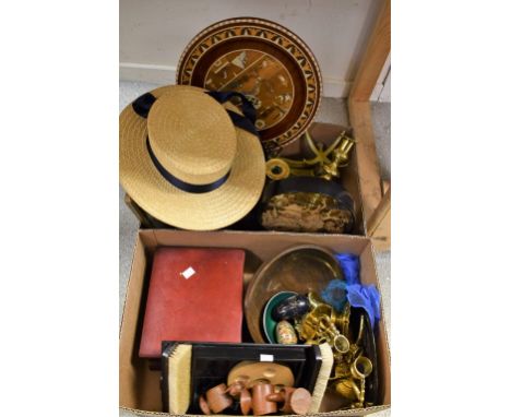 Boxes and Objects - a pair of brass ejector candlesticks; balance scales; pestle and mortar; ebony dressing table tidy with b