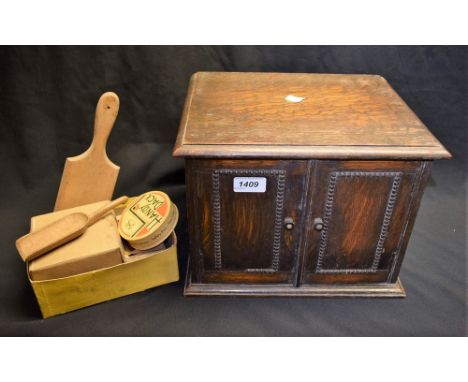 An oak speaker cabinet, c.1910; a quantity of advertising boxes including a Cross Fox Handy Pack sewing equipment, boxes of v