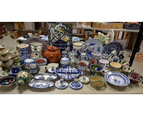 Ceramics - Spanish Miolica floral jugs, planters, incised water/wall planter; Earthen ware onion jar; Spanish Miolica blue an