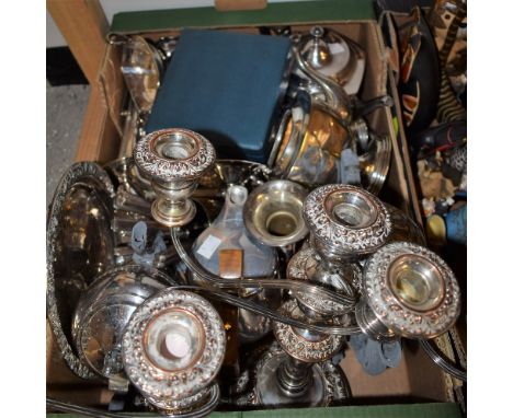 Metalware - a pair of plated three branch candelabra; others, tea service, pedestalled basket, flatware, etc