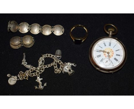 A silver open face pocket watch, marked 800'; a charm bracelet; a gentleman's ring; etc.