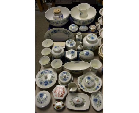 A Wedgwood Clementine pattern fruit bowl, ginger jar and cover, urnular vases, powder bowl and cover, bell, trinket pots and 