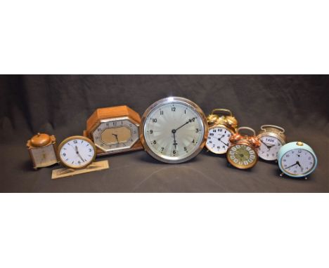 Clocks - an Art Deco Bayard chrome cased eight day easel clock; a Jaz alarm clock; others, DEP, Smiths; etc.; quantity
