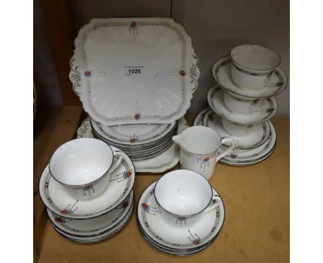 A Shelley tea service, Art Deco style pattern on white ground, six tea cups, twelve saucers, twelve side plates, two bread an