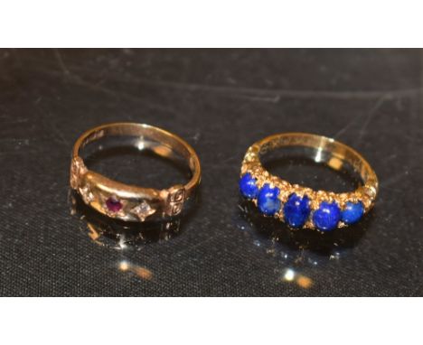 A diamond, ruby and 9ct gold ring; a five stone lapis lazuli ring (2)