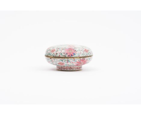 A painted enamel box and lidChina, Qing dynasty, Qianlong period mark and period (1736-1795)The lid is decorated with a circu