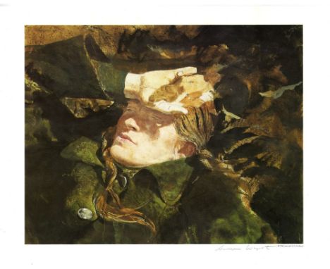 Andrew Wyeth (American, 1917-2009). "Sun Shield [Helga]". Color offset lithograph. 1982. Printed 1987. Signed in pencil, lowe