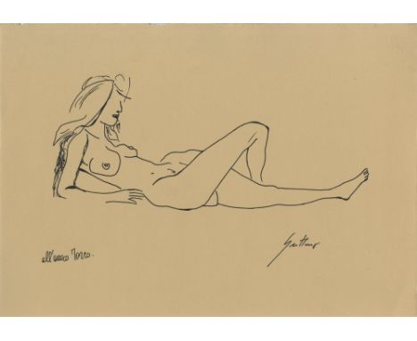 Renato Guttuso (Italian, 1911-1987). "Donna nuda sdraiata". Ink on paper. c1962. Signed lower right. Light tan wove paper. Fi