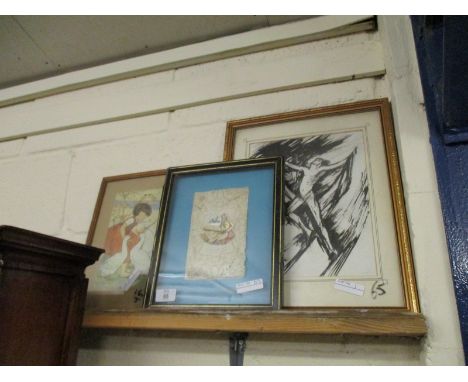 NURSERY PRINT OF A GIRL WITH GEESE AND A FURTHER FRAMED NUDE STUDY AND A VICTORIAN FORGET-ME-NOT (3) 