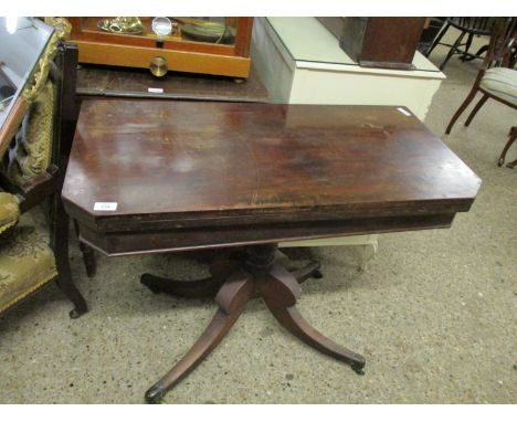 REGENCY MAHOGANY FOLD-OVER CARD TABLE WITH BAIZE LINED INTERIOR WITH CANTED CORNERS ON A QUATREFOIL BASE 