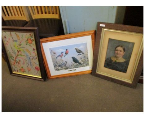 GROUP OF EMBROIDERED PICTURE, PORTRAIT PRINT ETC 