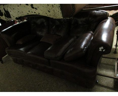 BROWN LEATHERETTE THREE-SEATER SOFA WITH BUTTON DETAIL 